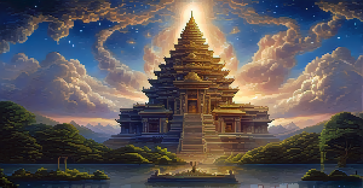 An ancient temple surrounded by swirling clouds and light, representing the cycle of time with a starry sky transitioning into dawn.