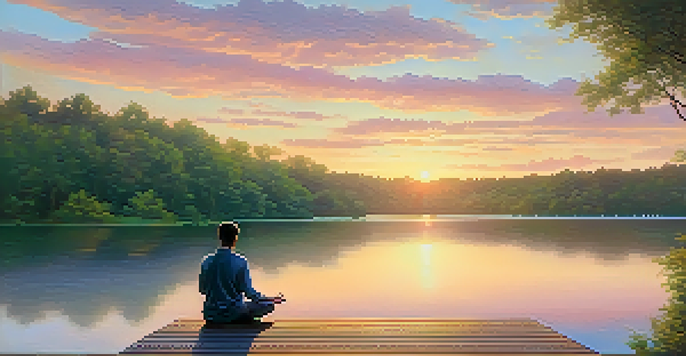 A person meditating on a wooden deck by a tranquil lake at sunset, surrounded by greenery.