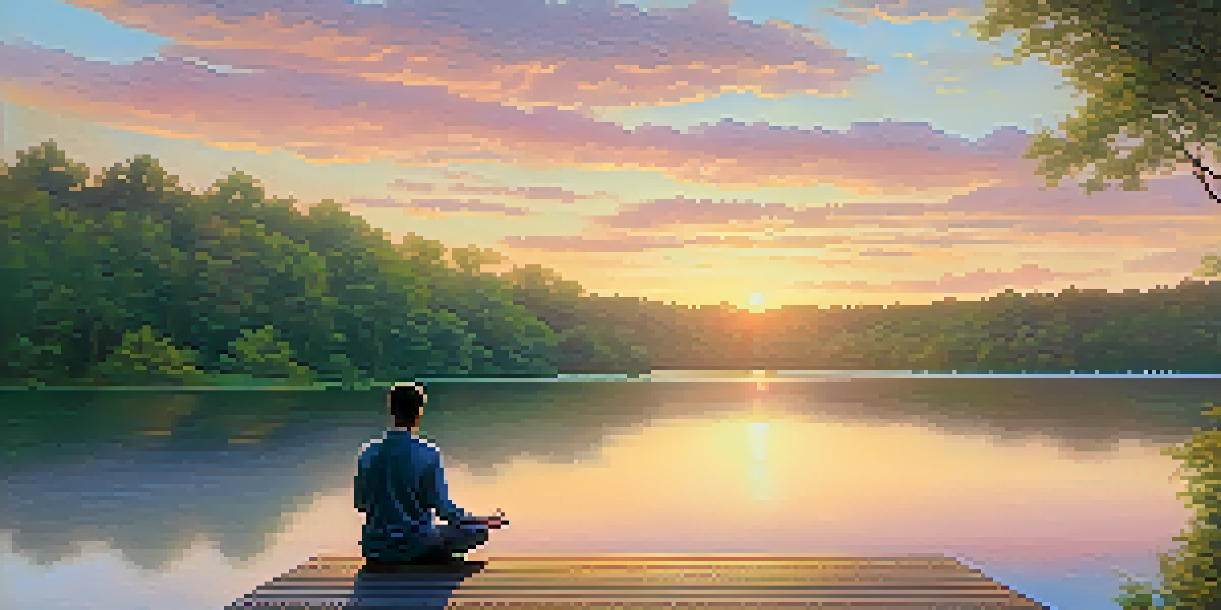 A person meditating on a wooden deck by a tranquil lake at sunset, surrounded by greenery.