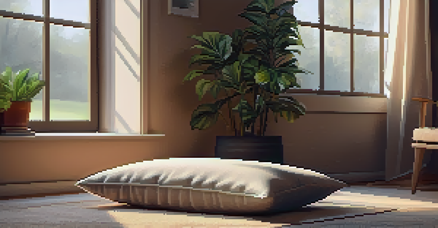 A cozy meditation corner with a plush cushion, soft blankets, and a small plant, illuminated by warm ambient light.