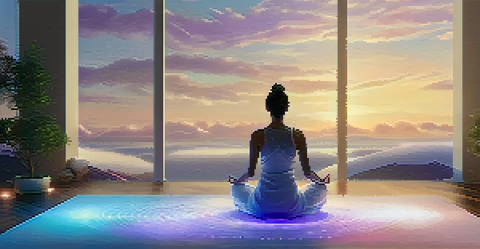 A person meditating in a tranquil digital landscape filled with soft clouds and glowing orbs of light.