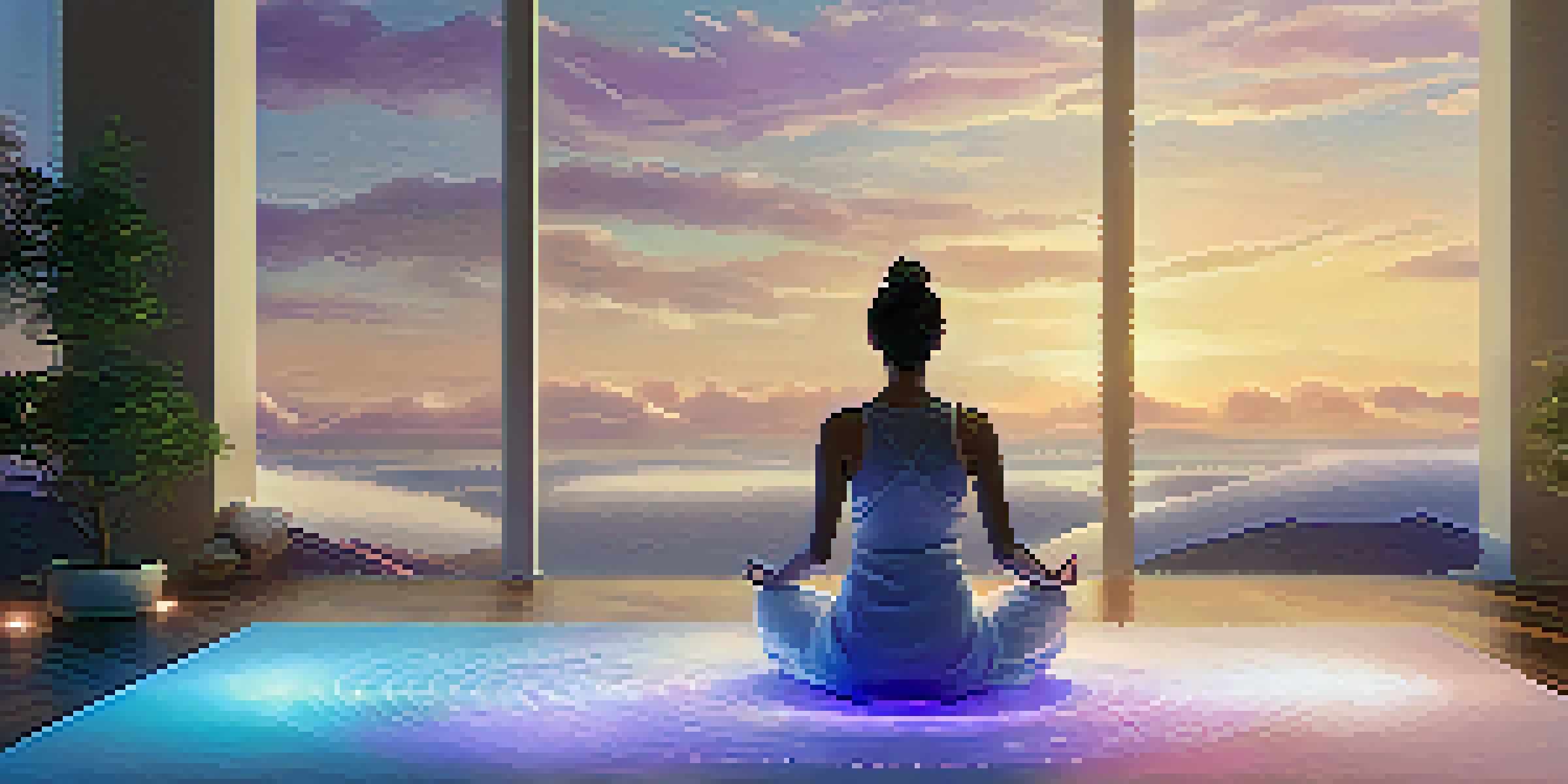 A person meditating in a tranquil digital landscape filled with soft clouds and glowing orbs of light.