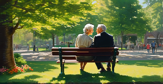 An elderly couple sitting on a park bench, surrounded by greenery and flowers, smiling and talking to each other in a sunlit park.