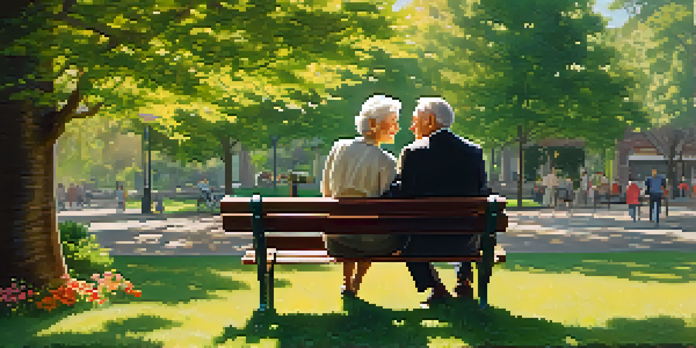An elderly couple sitting on a park bench, surrounded by greenery and flowers, smiling and talking to each other in a sunlit park.