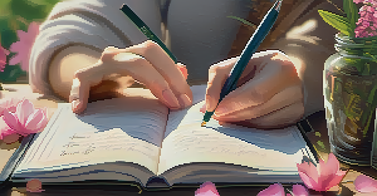 A close-up of a hand writing in a gratitude journal with blooming flowers in the background, evoking mindfulness and reflection.