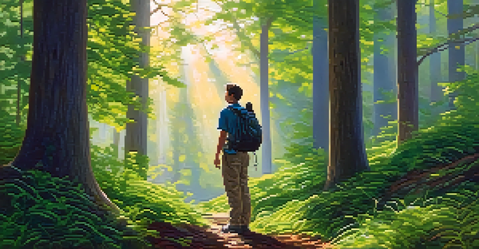 A character in casual hiking clothes stands at the edge of a forest, looking towards a bright clearing with sunlight filtering through the trees.