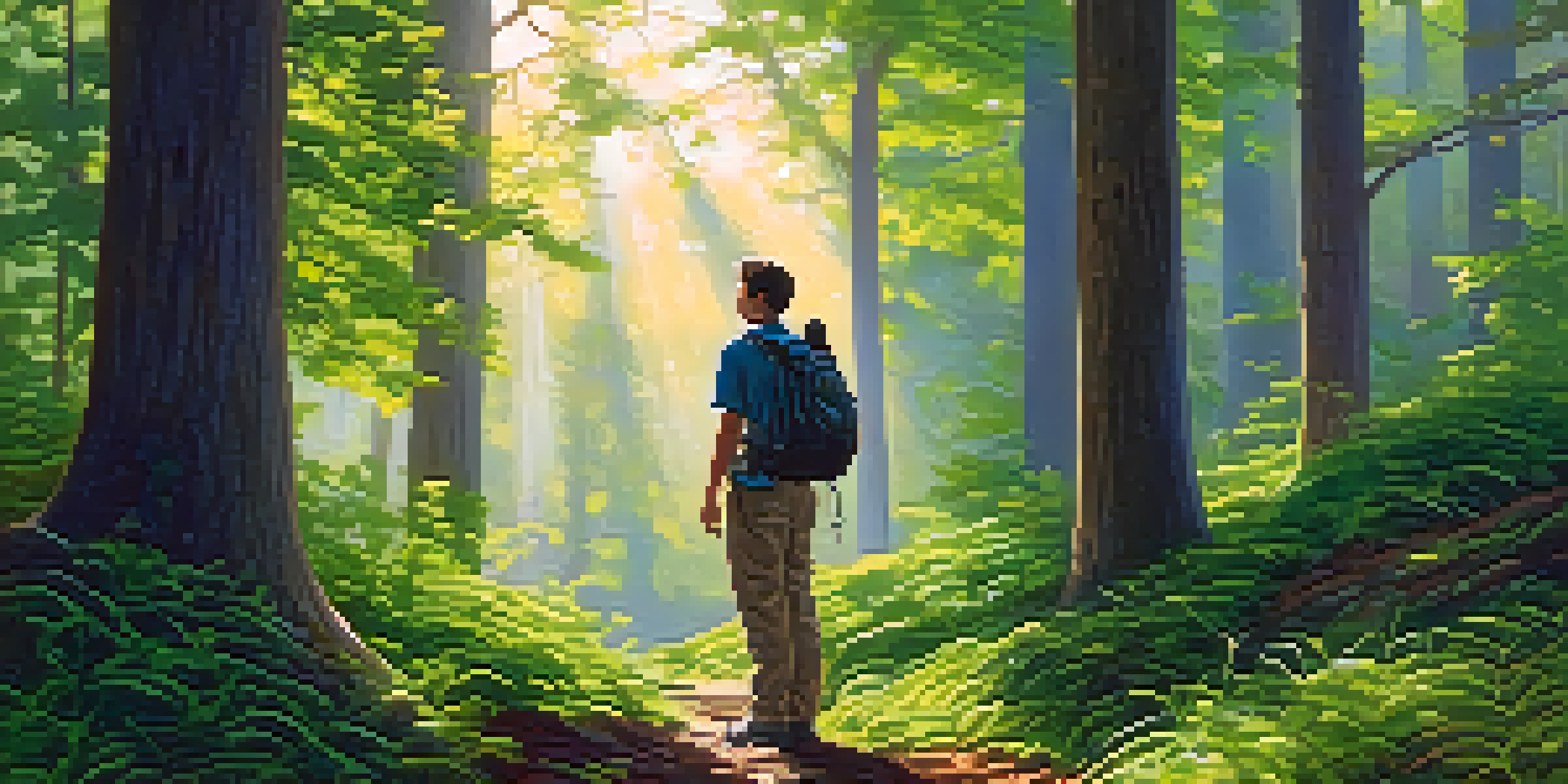 A character in casual hiking clothes stands at the edge of a forest, looking towards a bright clearing with sunlight filtering through the trees.