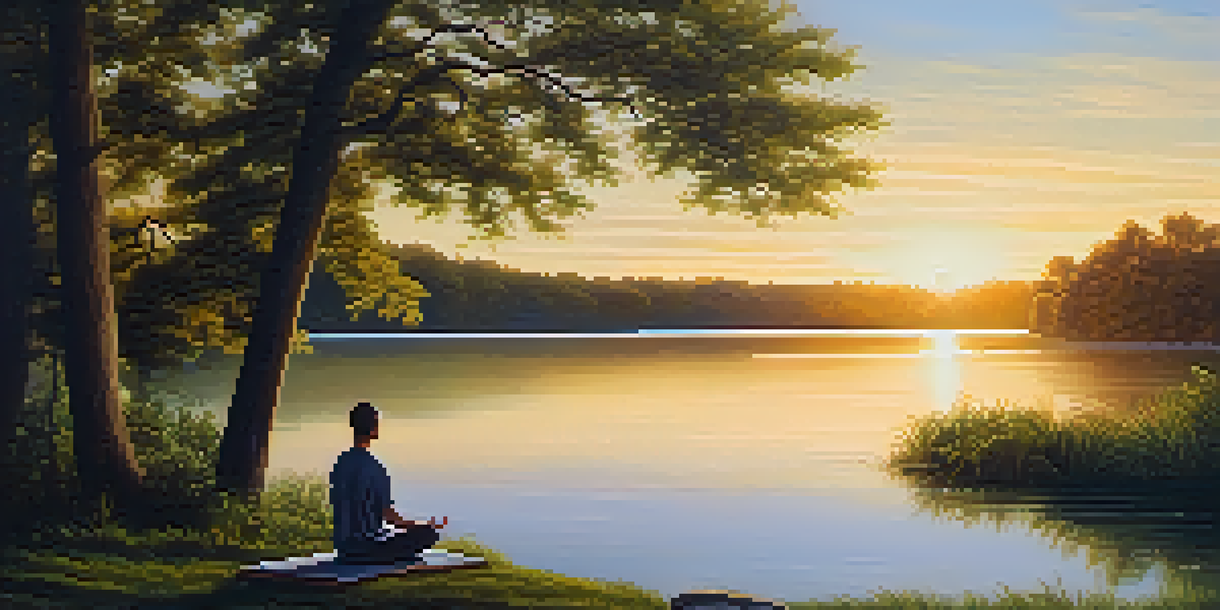 A peaceful lake at sunrise with a person meditating on the shore, surrounded by green trees.