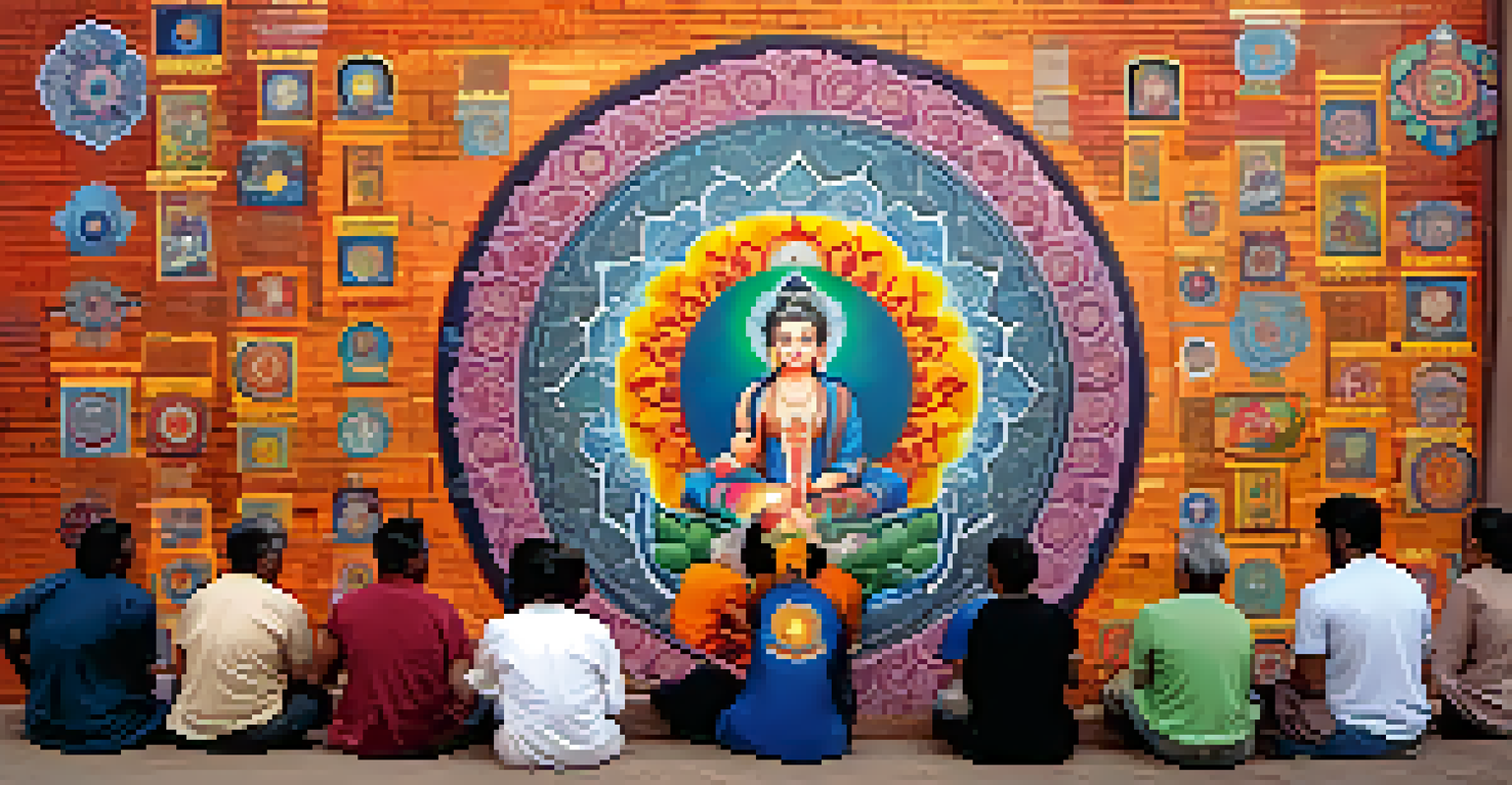 A colorful mural on a brick wall showcasing cultural symbols of spirituality, with a diverse group of people observing the art.