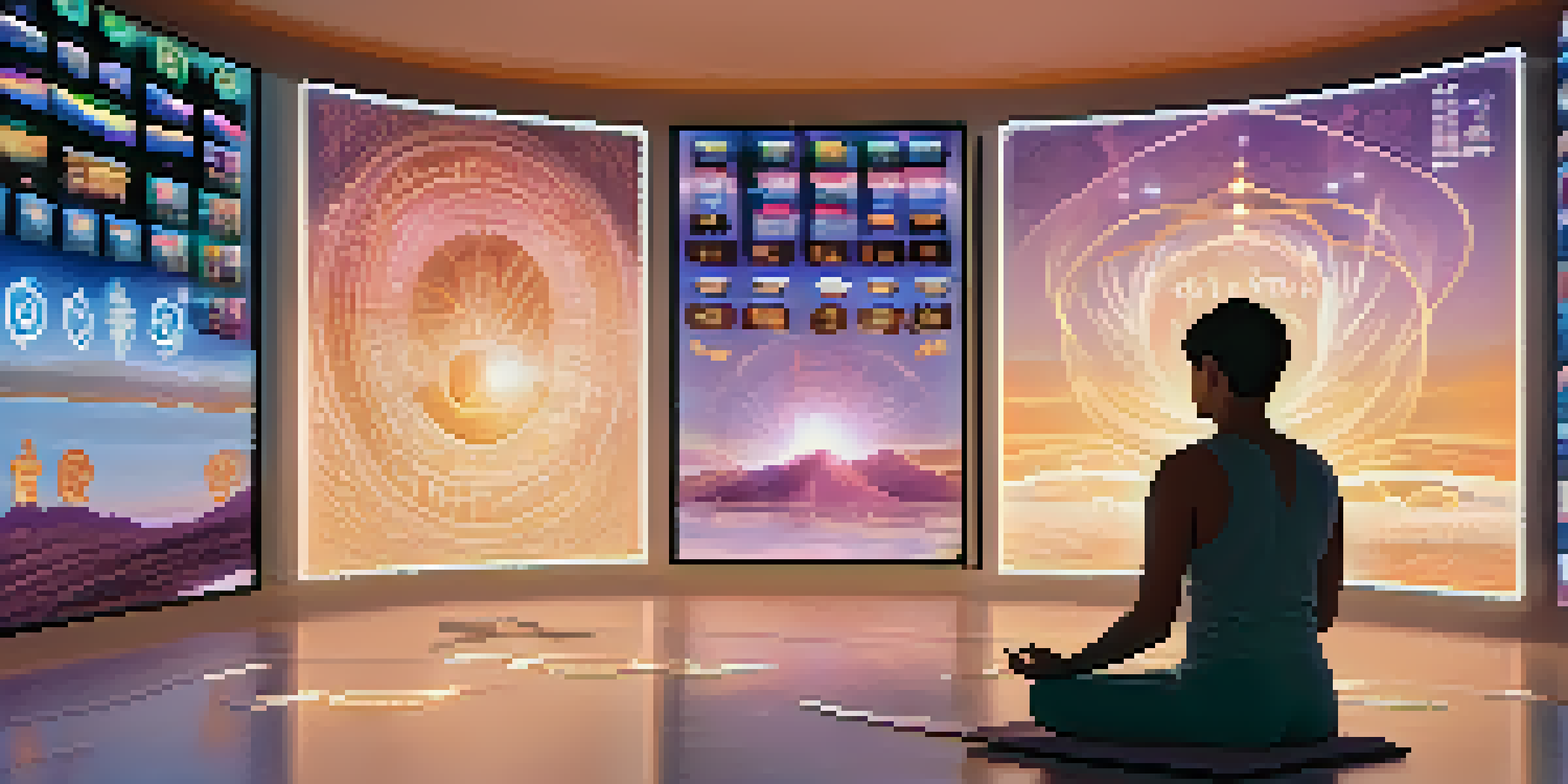 A person meditating in front of glowing screens displaying spiritual symbols, with a warm light illuminating the serene scene.