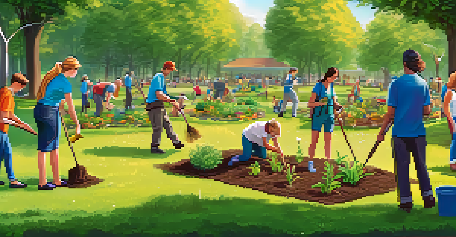 Volunteers planting trees and flowers in a community park, working together with smiles and laughter.