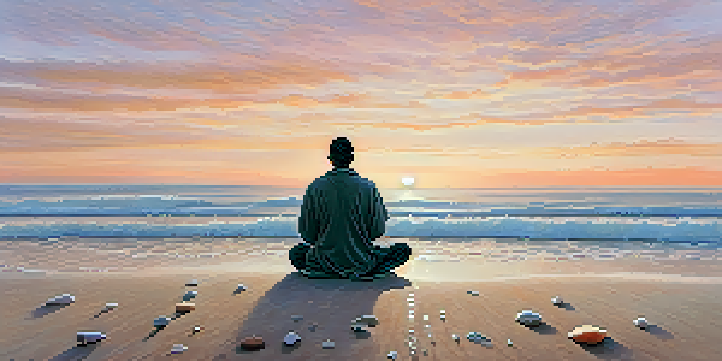 A person meditating on a beach at sunrise, with soft waves and colorful sky reflecting on the water.