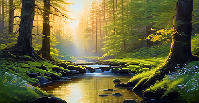 A peaceful forest with golden sunrise light, green moss, wildflowers, and a flowing stream.