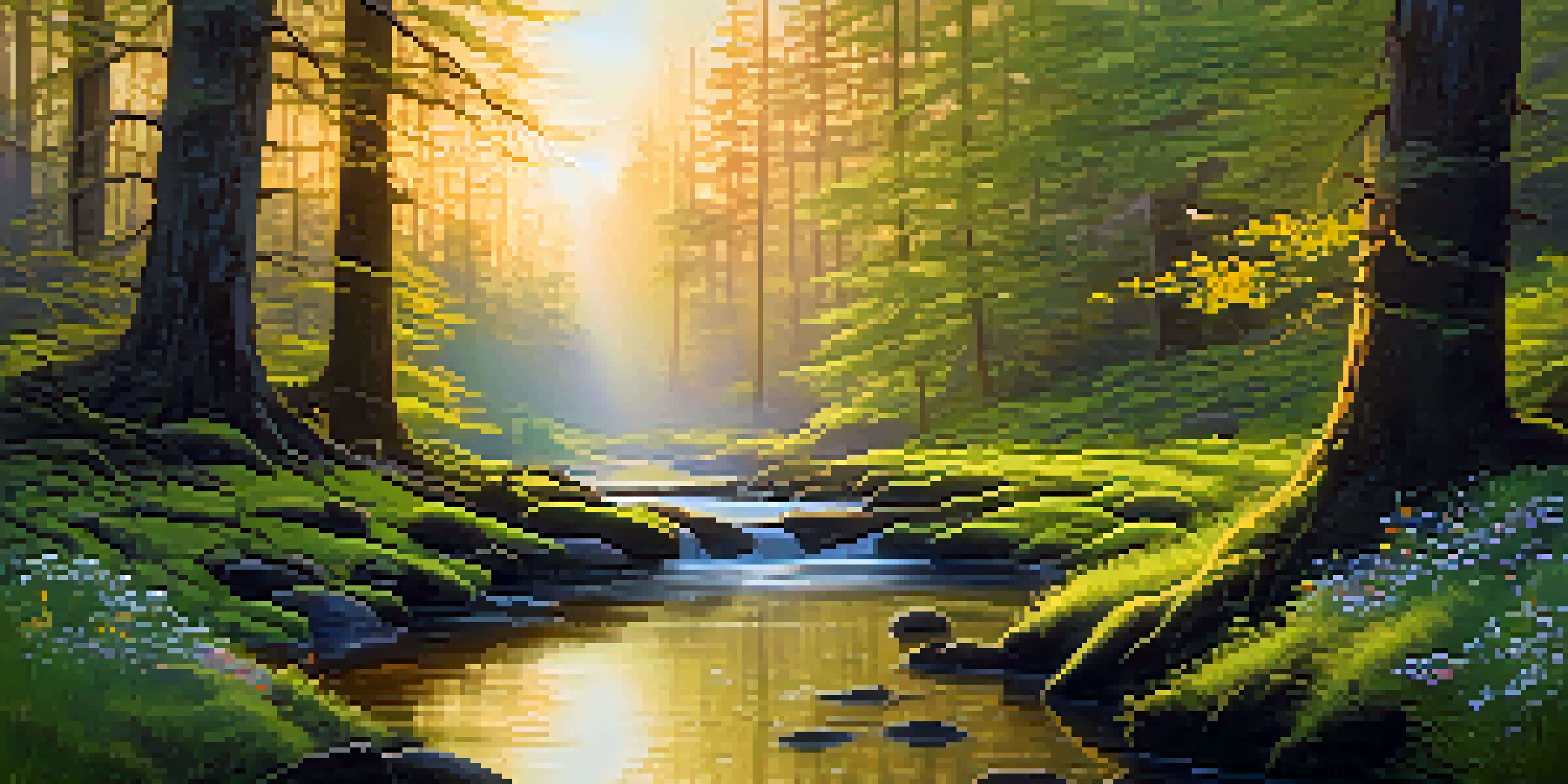 A peaceful forest with golden sunrise light, green moss, wildflowers, and a flowing stream.
