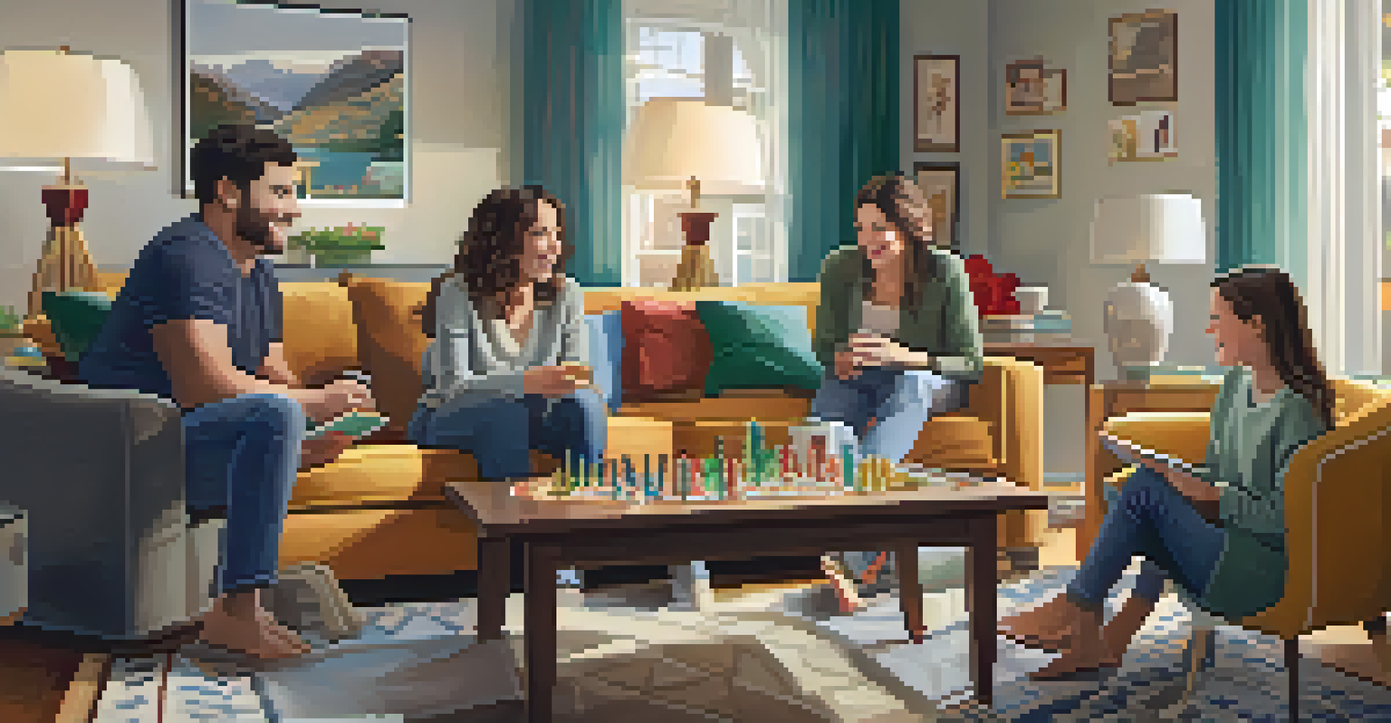 A family playing a board game together in a cozy living room, filled with laughter and warmth.