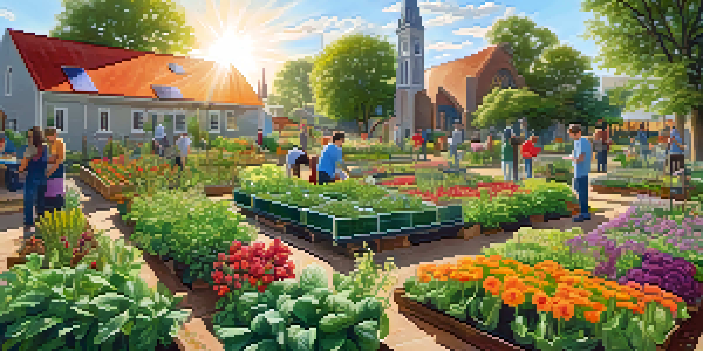 A diverse group of people engaged in a community garden, with a church and solar panels in the background under warm sunlight.
