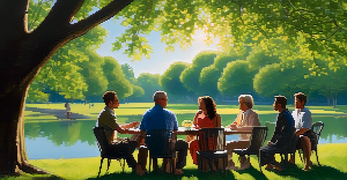 A diverse group of individuals having a heartfelt conversation in a sunny park, surrounded by nature.