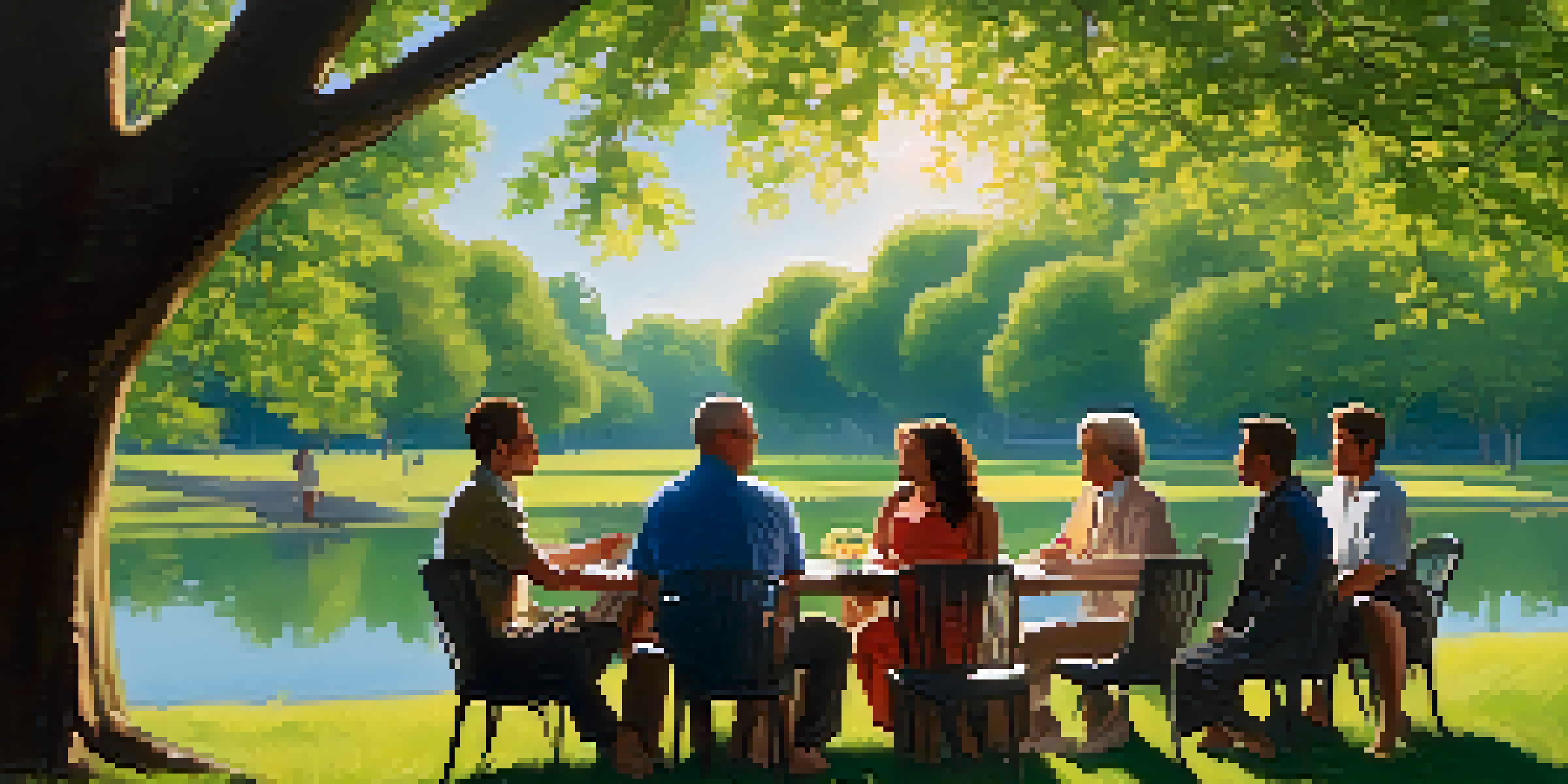 A diverse group of individuals having a heartfelt conversation in a sunny park, surrounded by nature.