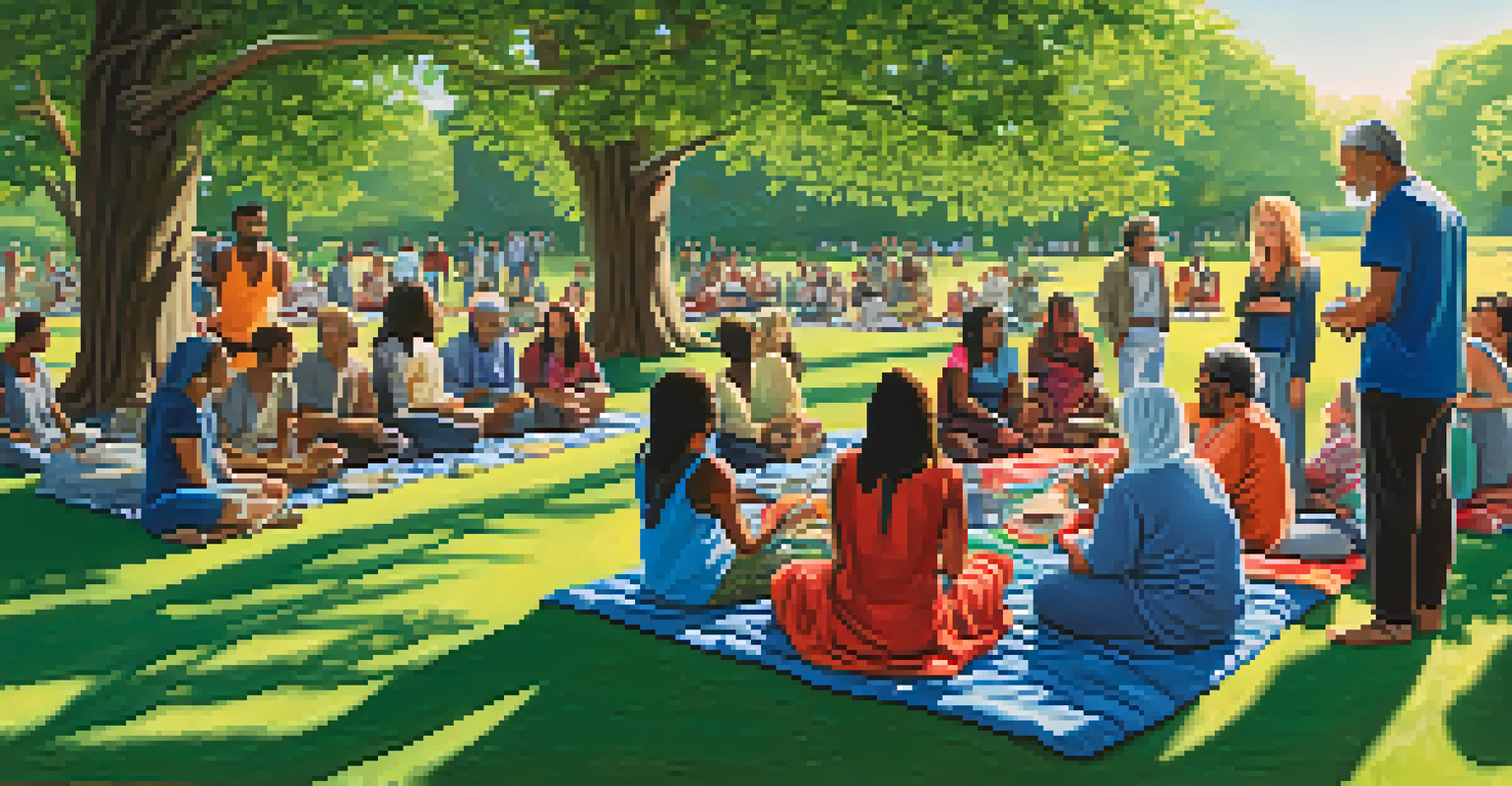 A diverse group of people sharing stories outdoors in a park, surrounded by greenery and blue skies.