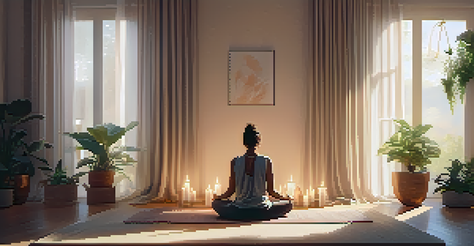 A peaceful home meditation space with a person sitting cross-legged on a mat surrounded by candles and plants, illuminated by soft morning light.