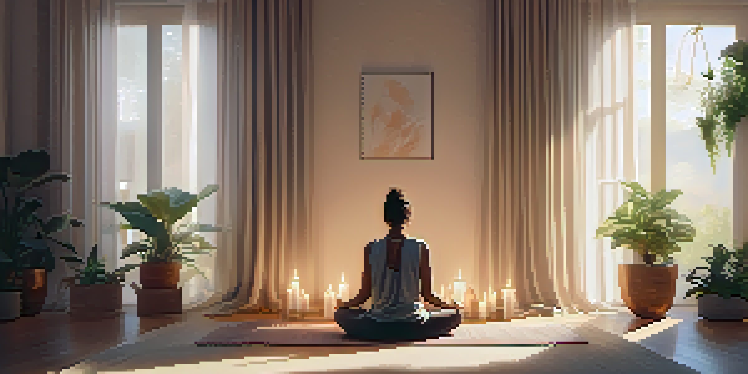 A peaceful home meditation space with a person sitting cross-legged on a mat surrounded by candles and plants, illuminated by soft morning light.