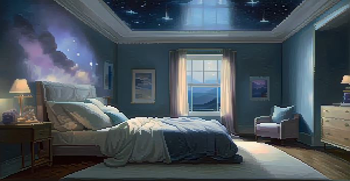 A peaceful bedroom with a person sleeping under soft pillows, surrounded by dreamy clouds and stars in soothing colors.