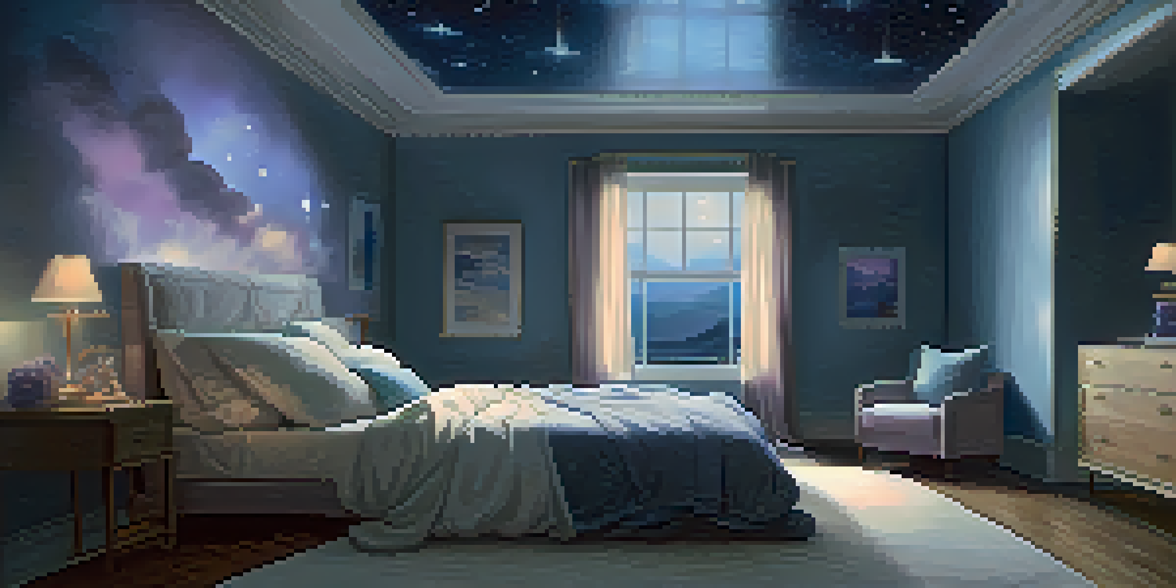 A peaceful bedroom with a person sleeping under soft pillows, surrounded by dreamy clouds and stars in soothing colors.