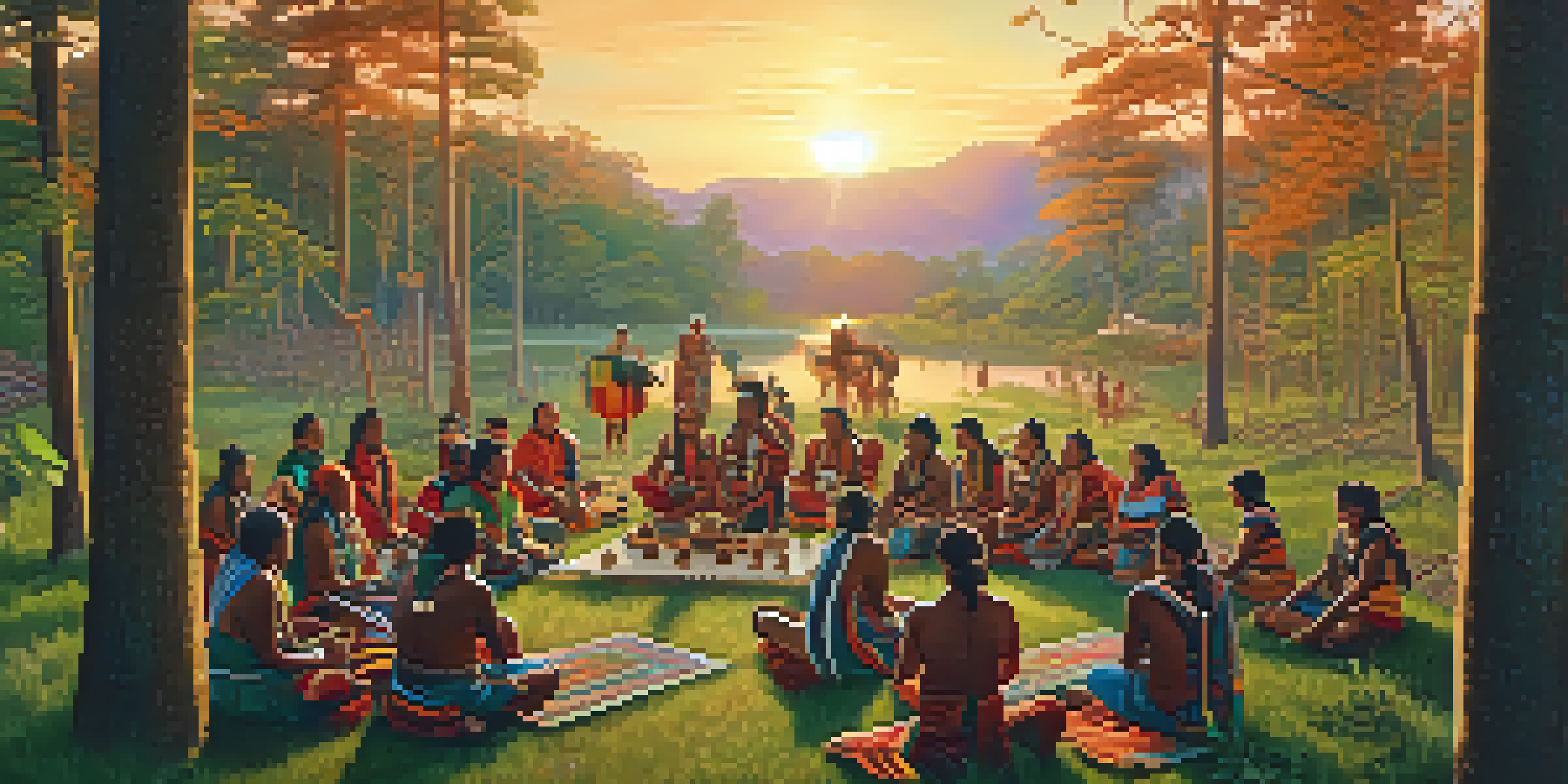 An Indigenous community gathering in a lush green landscape during sunset, with people in traditional attire engaged in rituals.