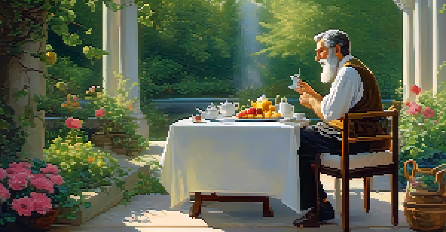 Epicurus enjoying a simple meal outdoors surrounded by greenery and flowers.