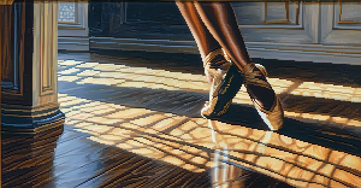 Close-up of a dancer's feet moving gracefully on a wooden floor, with the texture of the surface and the dancer's shadow visible.