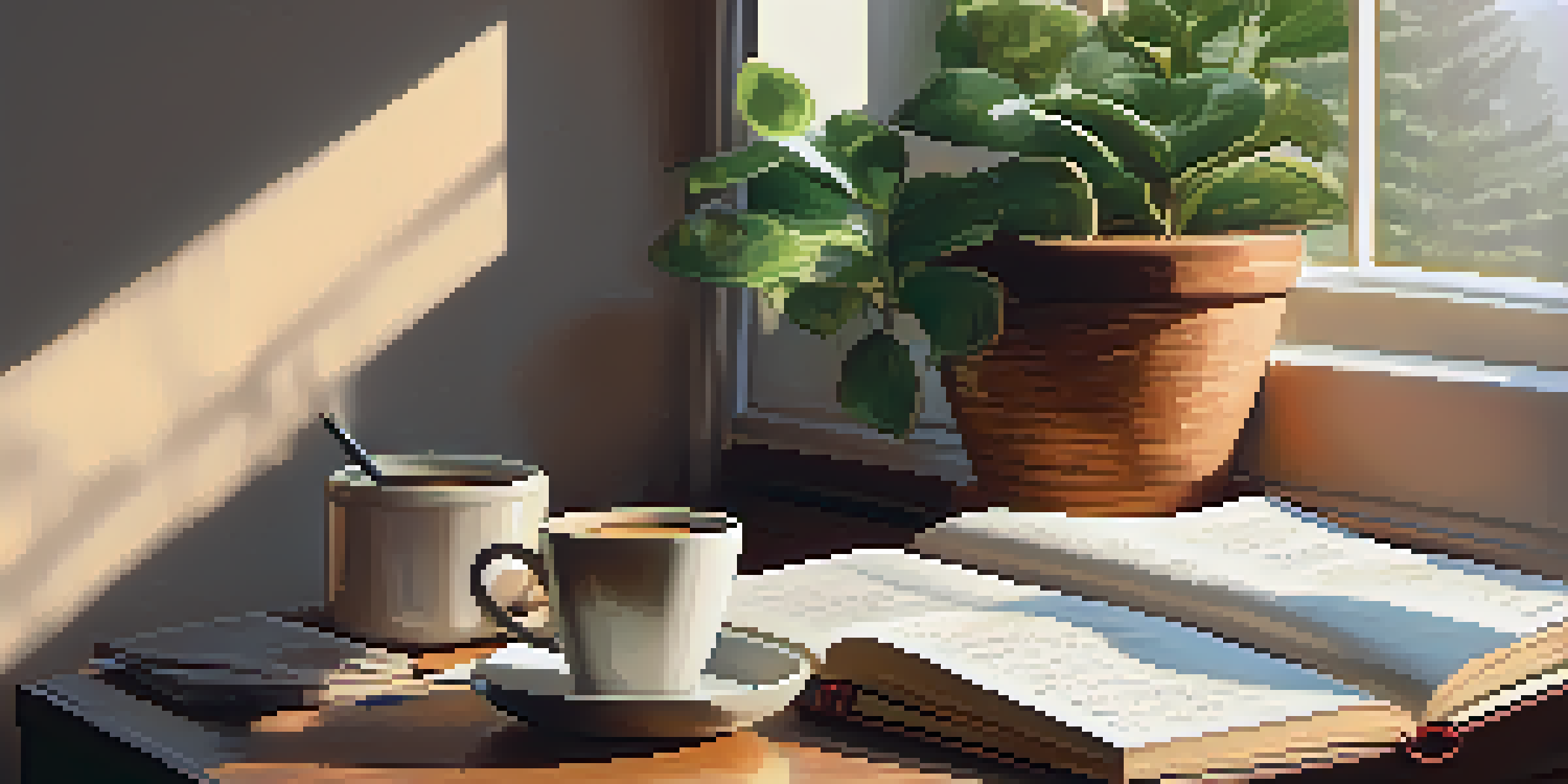 A warm and inviting morning setting with a cup of coffee, a journal, and a potted plant, illuminated by sunlight.
