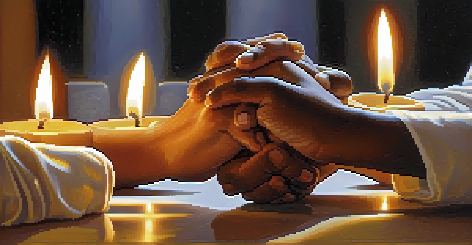 Close-up of diverse hands in prayer with flickering candles in the background, symbolizing unity in spirituality.