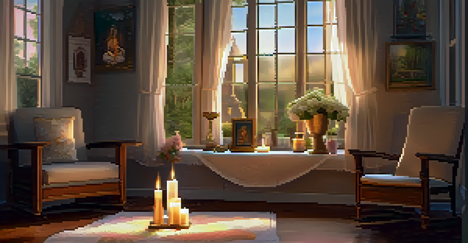 A cozy indoor space with an altar decorated with candles, crystals, and flowers, creating a peaceful atmosphere.