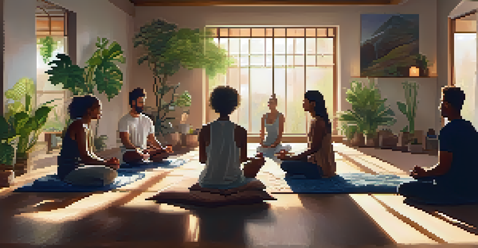 A diverse group of people meditating together in a sunlit room with plants and candles.