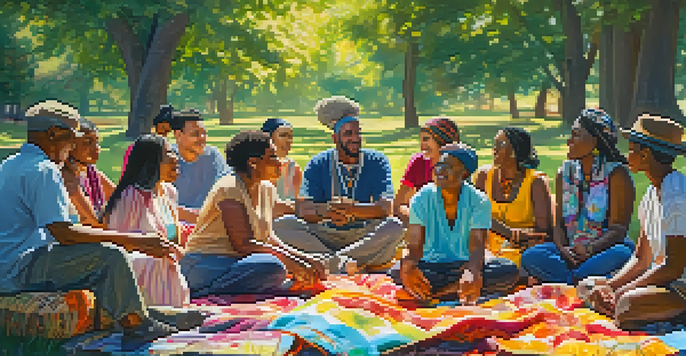 A diverse group of people sitting together in a circle on colorful blankets in a park, sharing experiences with smiles, surrounded by blooming flowers and trees.