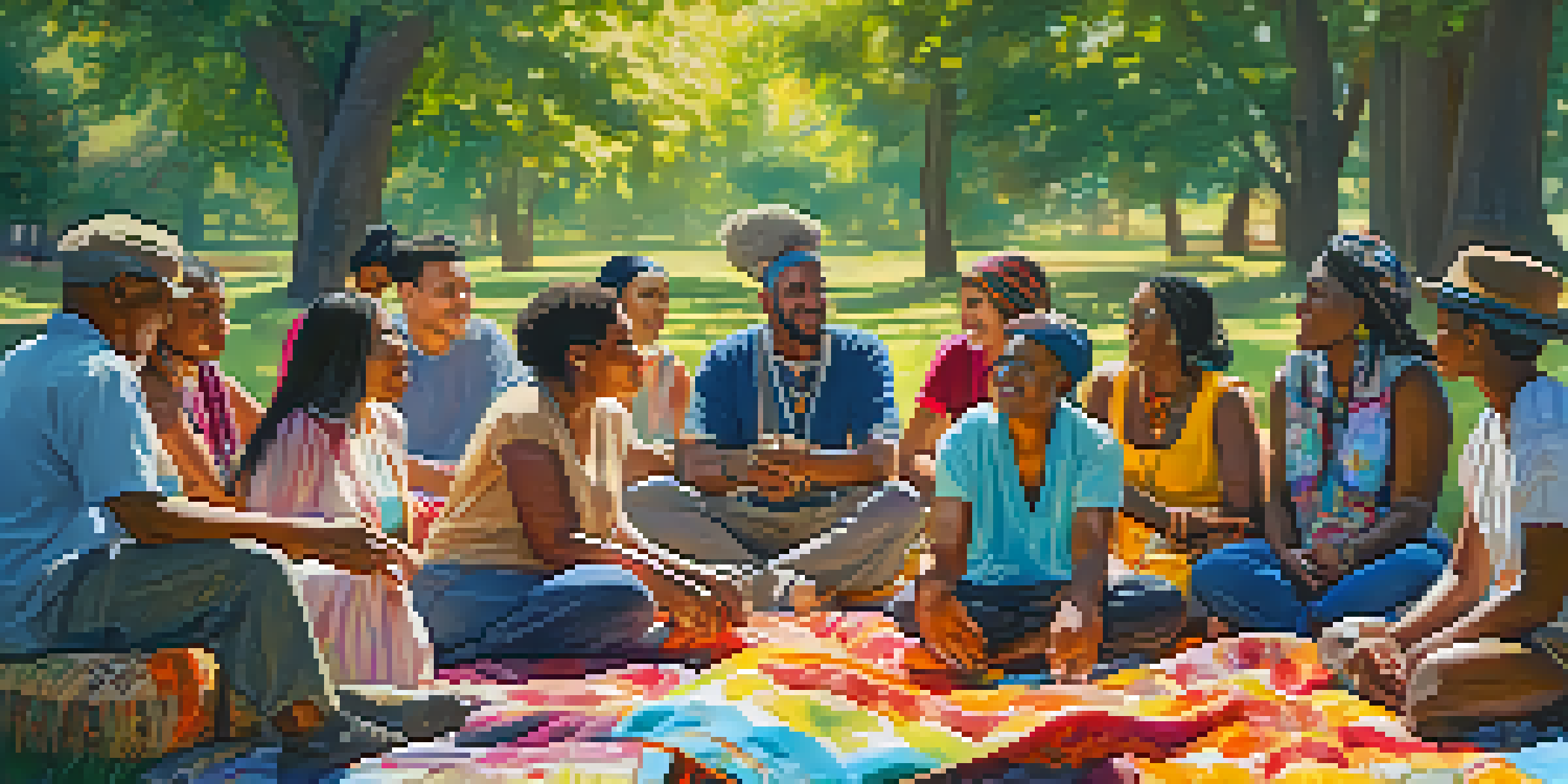 A diverse group of people sitting together in a circle on colorful blankets in a park, sharing experiences with smiles, surrounded by blooming flowers and trees.