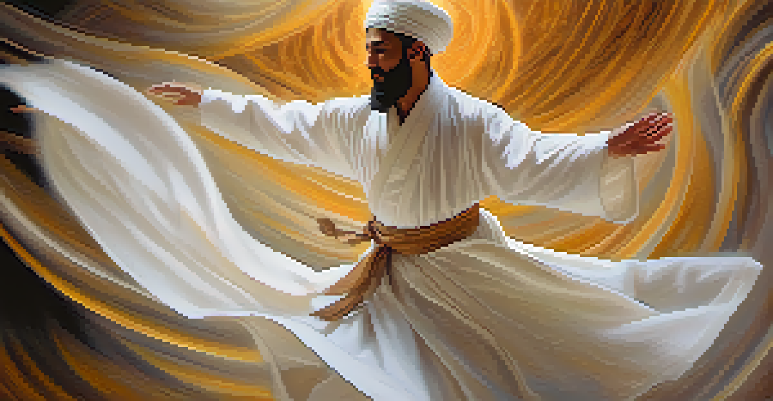A close-up of a Sufi dervish dancing, with a flowing white robe and a serene expression, set against a softly blurred background.