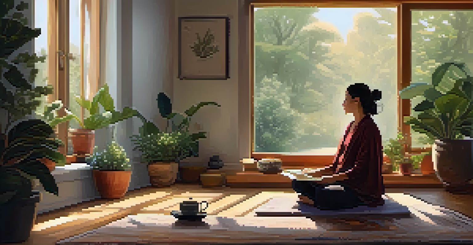 A person meditating indoors on a rug with a cup of tea and a journal nearby, creating a serene atmosphere.