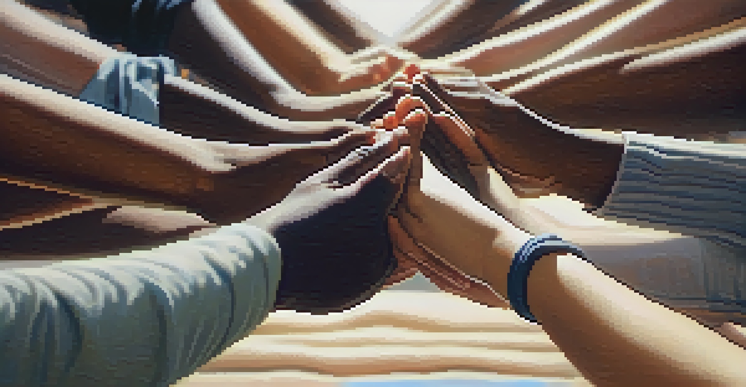 A close-up of diverse hands in a gesture of unity during meditation, symbolizing connection and inclusivity.