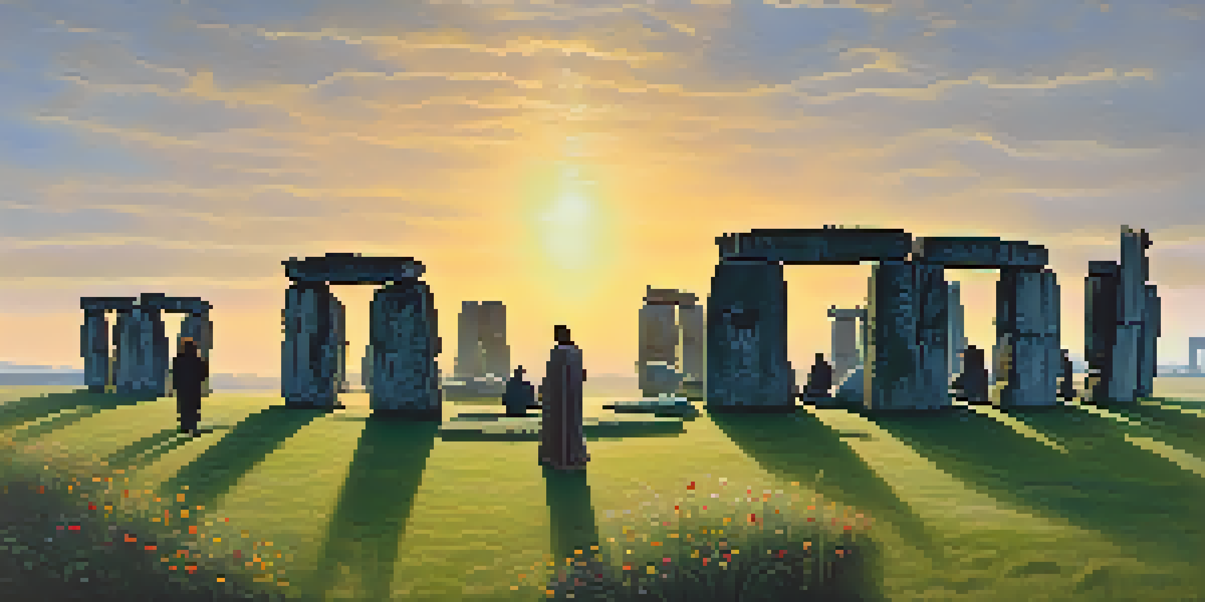 A tranquil scene of Stonehenge at sunrise, with golden light on ancient stones and people meditating nearby.