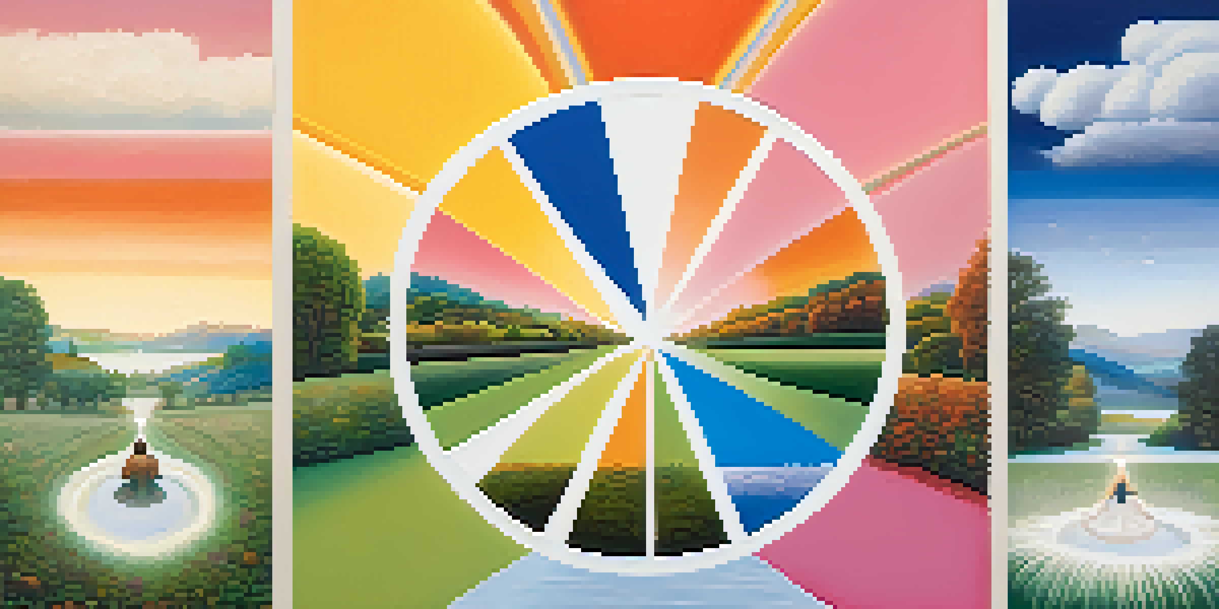 A tranquil landscape showing the four seasons in a circular pattern, with a meditative figure at the center.