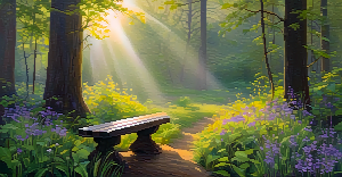 A peaceful forest at sunrise with sunlight shining through trees and a meditation bench surrounded by colorful wildflowers.