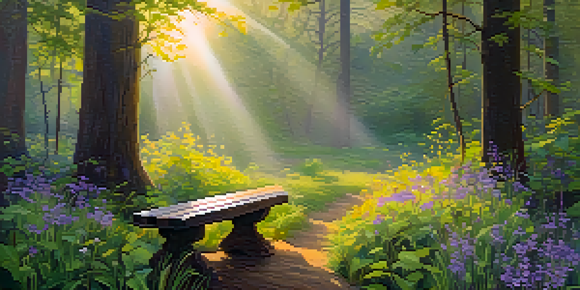 A peaceful forest at sunrise with sunlight shining through trees and a meditation bench surrounded by colorful wildflowers.