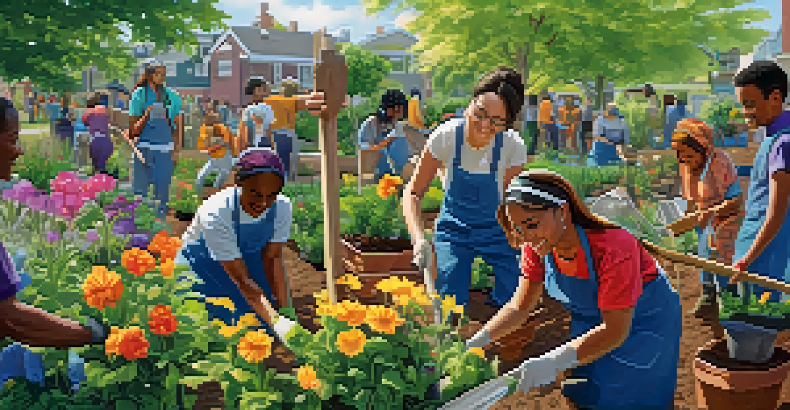 A diverse group of people engaged in a community service project, planting a tree in a vibrant garden, highlighting unity and collaboration among different faiths.