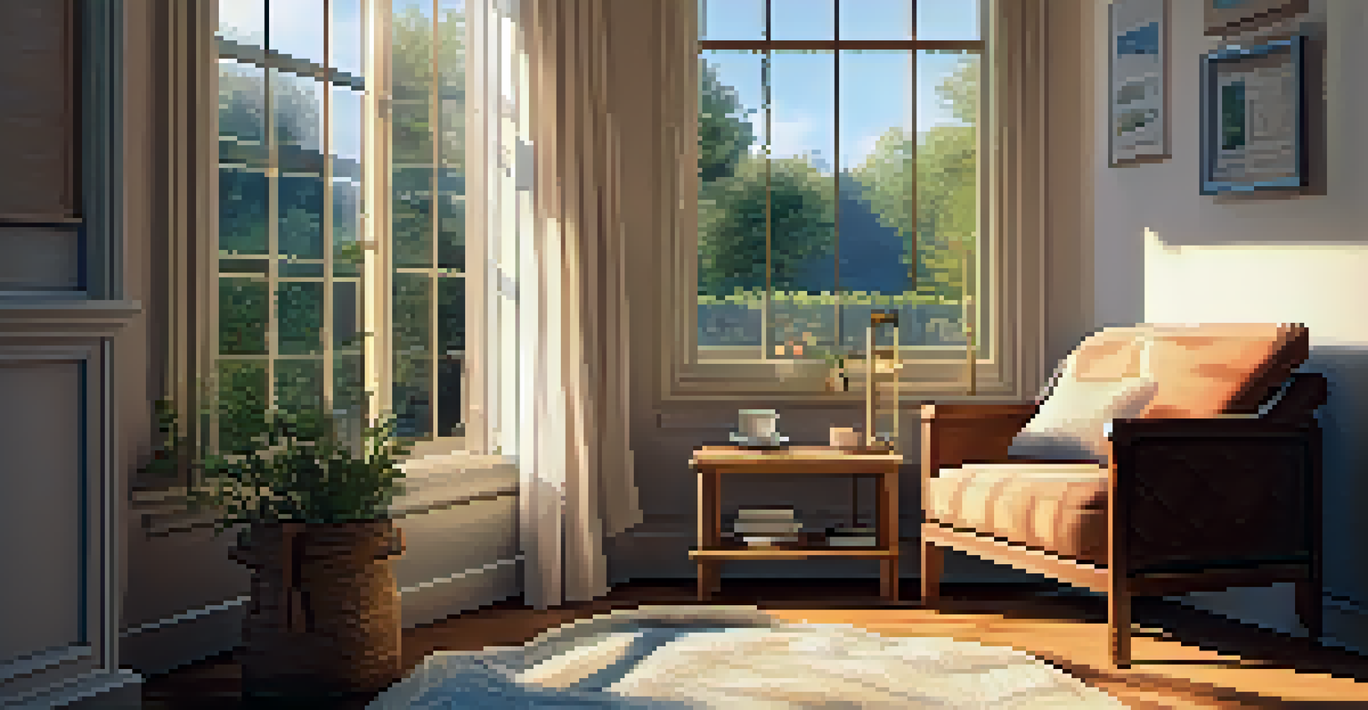 A cozy reading nook with a comfortable armchair, a cup of tea, and an open journal, illuminated by warm light.