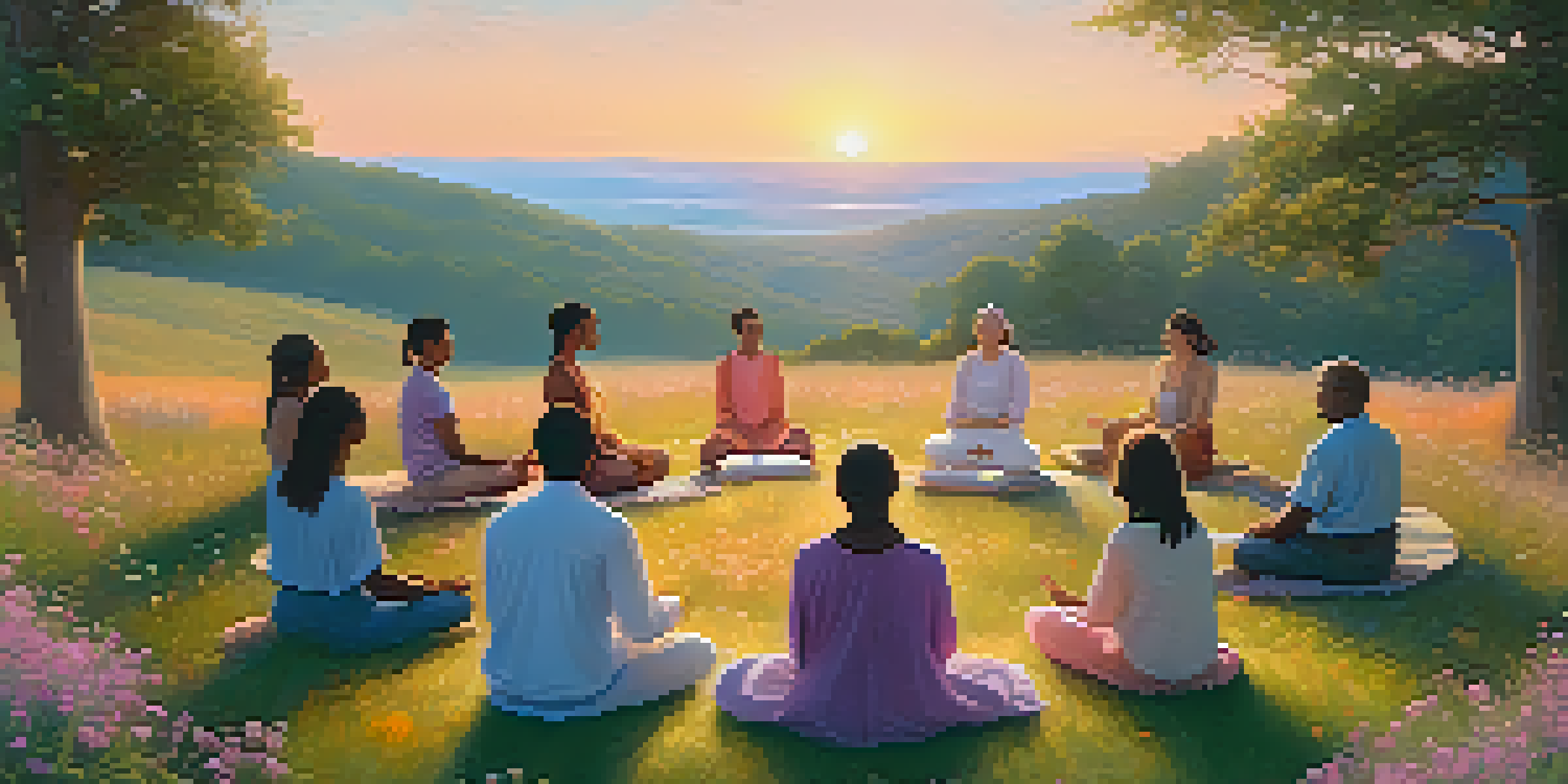 A diverse group of people meditating in a circle on a grassy hillside during sunrise, surrounded by wildflowers.