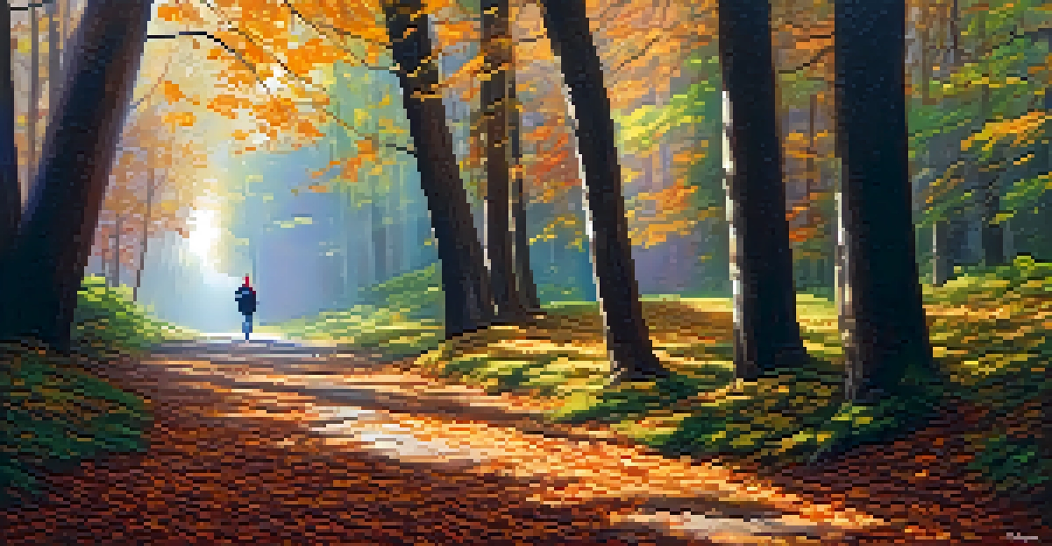 A person walking on a forest path surrounded by colorful leaves and sunlight filtering through the trees.
