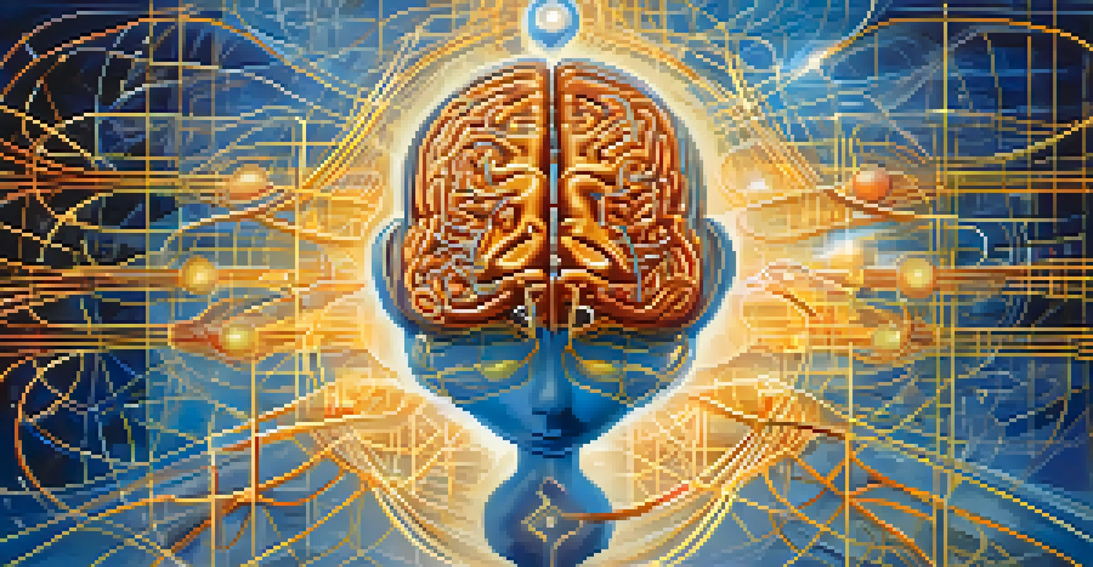 An illustration showing a brain on one side connected to a glowing heart, with patterns representing science and spirituality in the background.