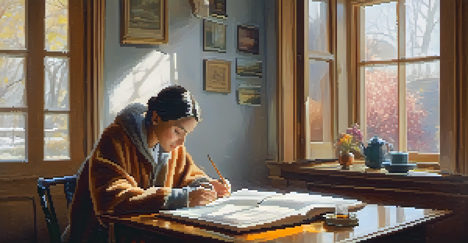 A person journaling at a desk with a cozy blanket and a cup of tea, illuminated by sunlight from a window.