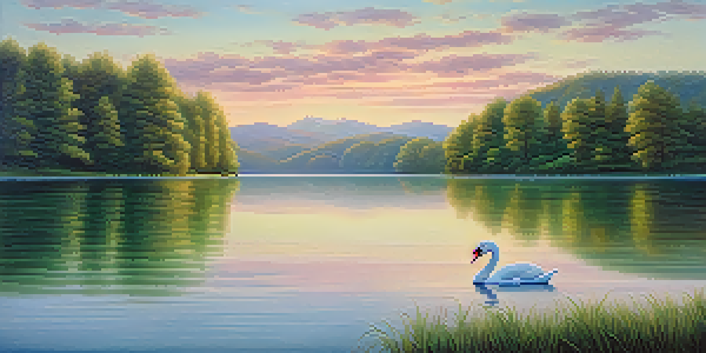 A peaceful lakeside scene at sunrise with trees and a swan gliding on the water.
